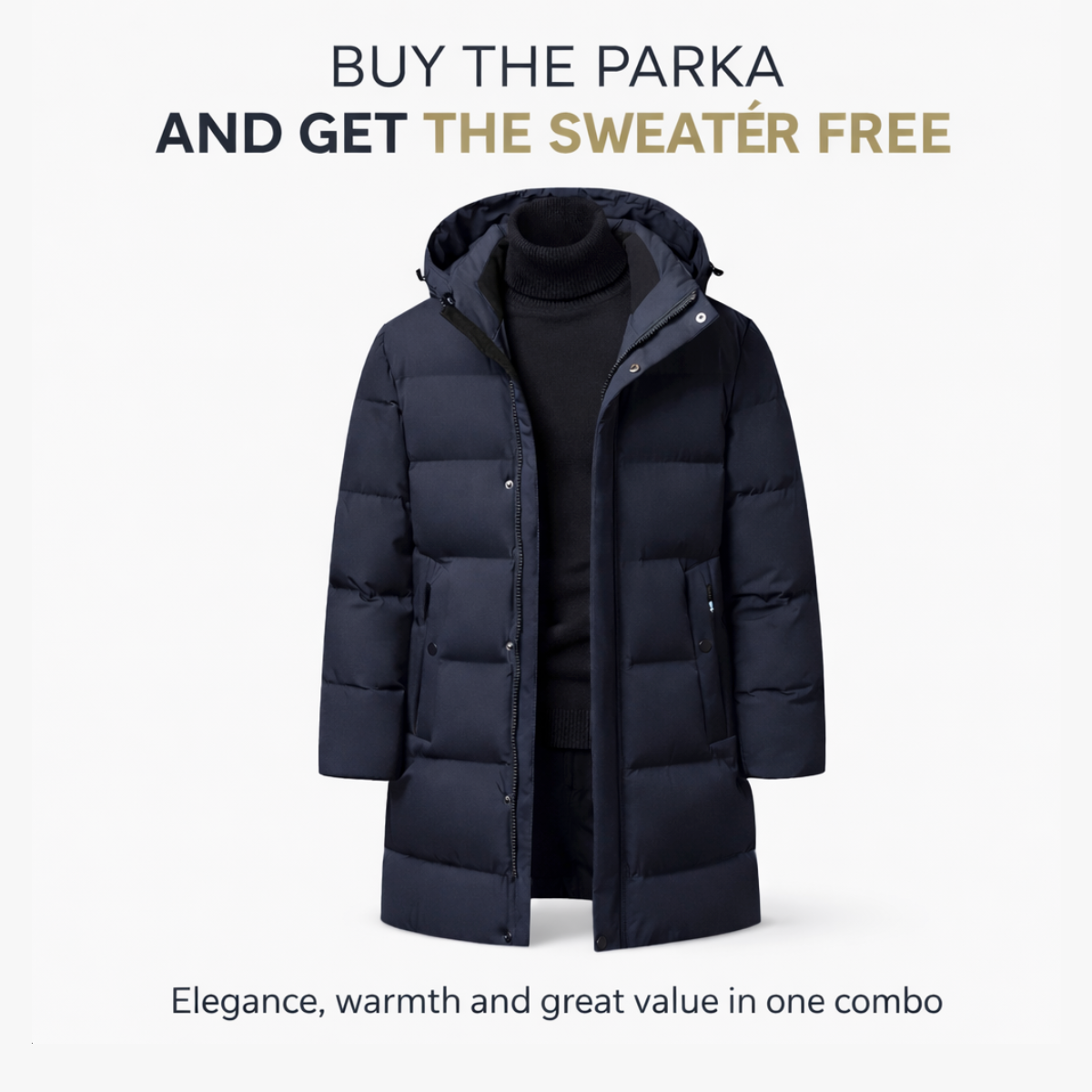 Men’s Premium Down Parka Coat, Hooded, Insulated Elegance + FREE Jumper.
